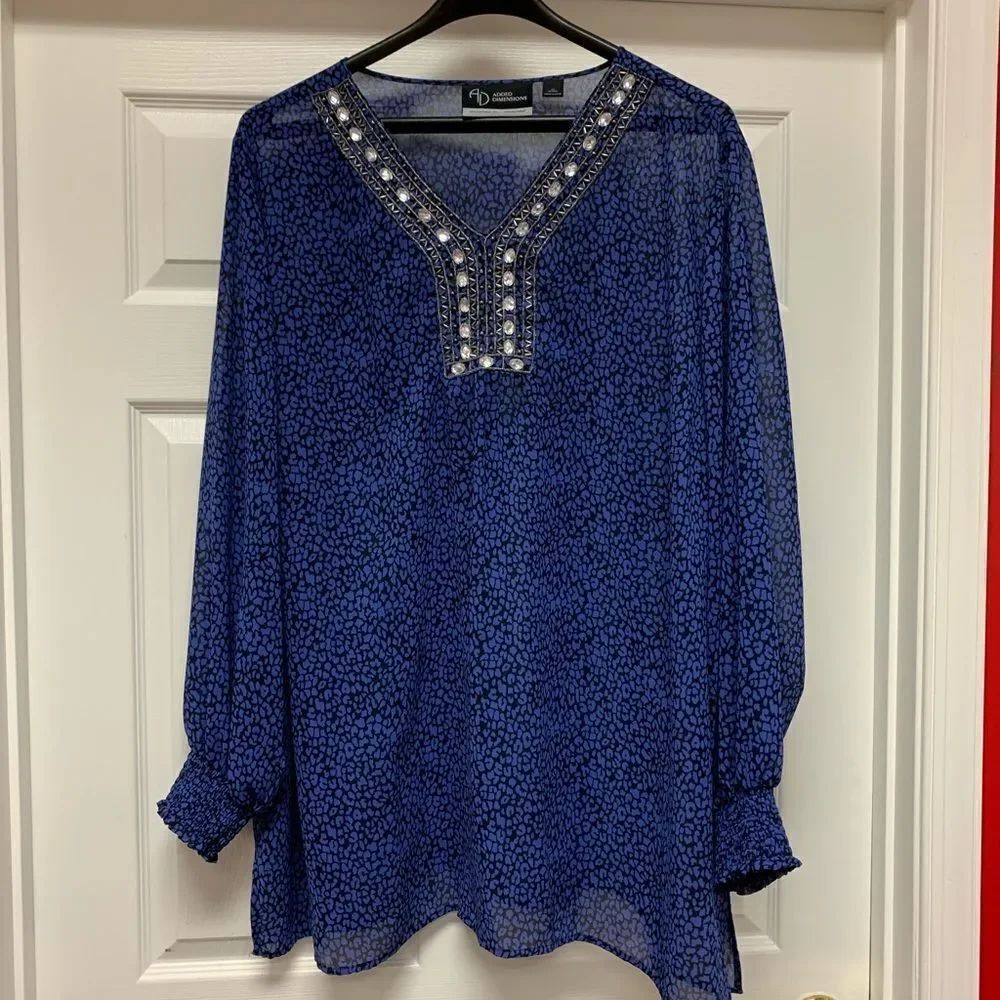 Added Dimensions Blue Print Embellished Sheer Tunic Top Blouse sz 3X EUC